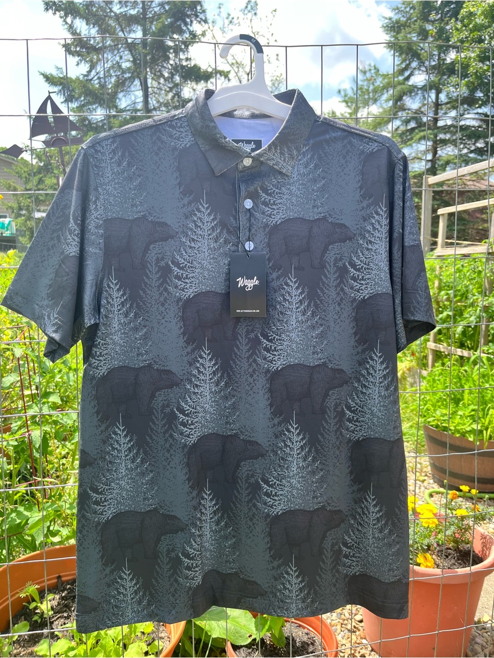 Waggle Ursa Major Polo Shirt Mens Medium Black Bear Print Golf Performance NWT